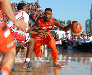 C.J. Fair dribbles past a defender in Syracuse's 62-49 victory over San Diego State. Fair led the Orange with 17 points and 10 rebounds and made SU's only 3-pointer early in the game.