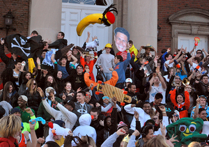 Students gather outside of Hendricks Chapel to take part in the filming of a video to the tune of 