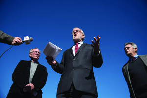 Howie Hawkins, who is seen here announcing his run for city auditor, was arrested on Tuesday during an environmental protest.