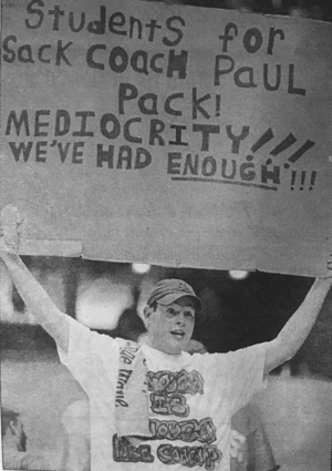 An SU fan shows his feelings about head coach Paul Pasqualoni at the Carrier Dome. With the loss to Virginia Tech, the Orangemen dropped to 3-4 on the season and own a 5-8 record in their last 13 games.