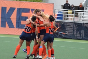 Lies Lagerweij (center) and Laura Hurff (14) were named first-team All-Atlantic Coast Conference players, along with Roos Weers.