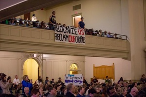 Syracuse University agreed to pay for Title IX hearing transcripts at a forum in Hendricks Chapel last week. 