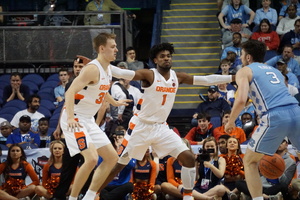 Buddy Boeheim and Quincy Guerrier, pictured during last season's ACC tournament, return to Syracuse's rotation for the 2020-21 season.