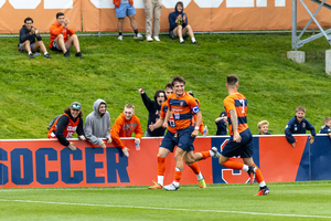 Lorenzo Boselli celebrates his second goal in Syracuse's opening night win over Providence. Last year with the Orange, Boselli scored just three goals all season 