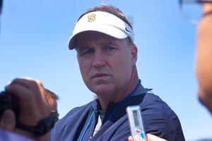 Syracuse head coach Doug Marrone at the Orange's spring football practice in Rochester on Saturday.