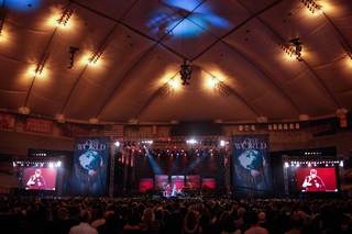 The stage for the One World Concert, with the Dalai Lama speaking in the center of it.