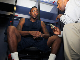 Rakeem Christmas (25) of the Syracuse Orange responds in the locker room during the Final Four interviews.