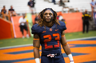 Fifth-year senior and team captain Prince-Tyson Gulley looks into the crowd before kickoff.