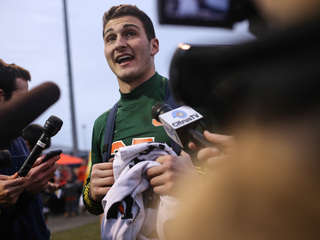 SU goalie Alex Bono speaks with reporters after holding off Penn State, 2-1.