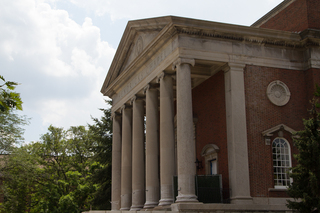 The side of the historic Hendricks Chapel as work continues to replace its front steps. Photo taken Aug. 1, 2017